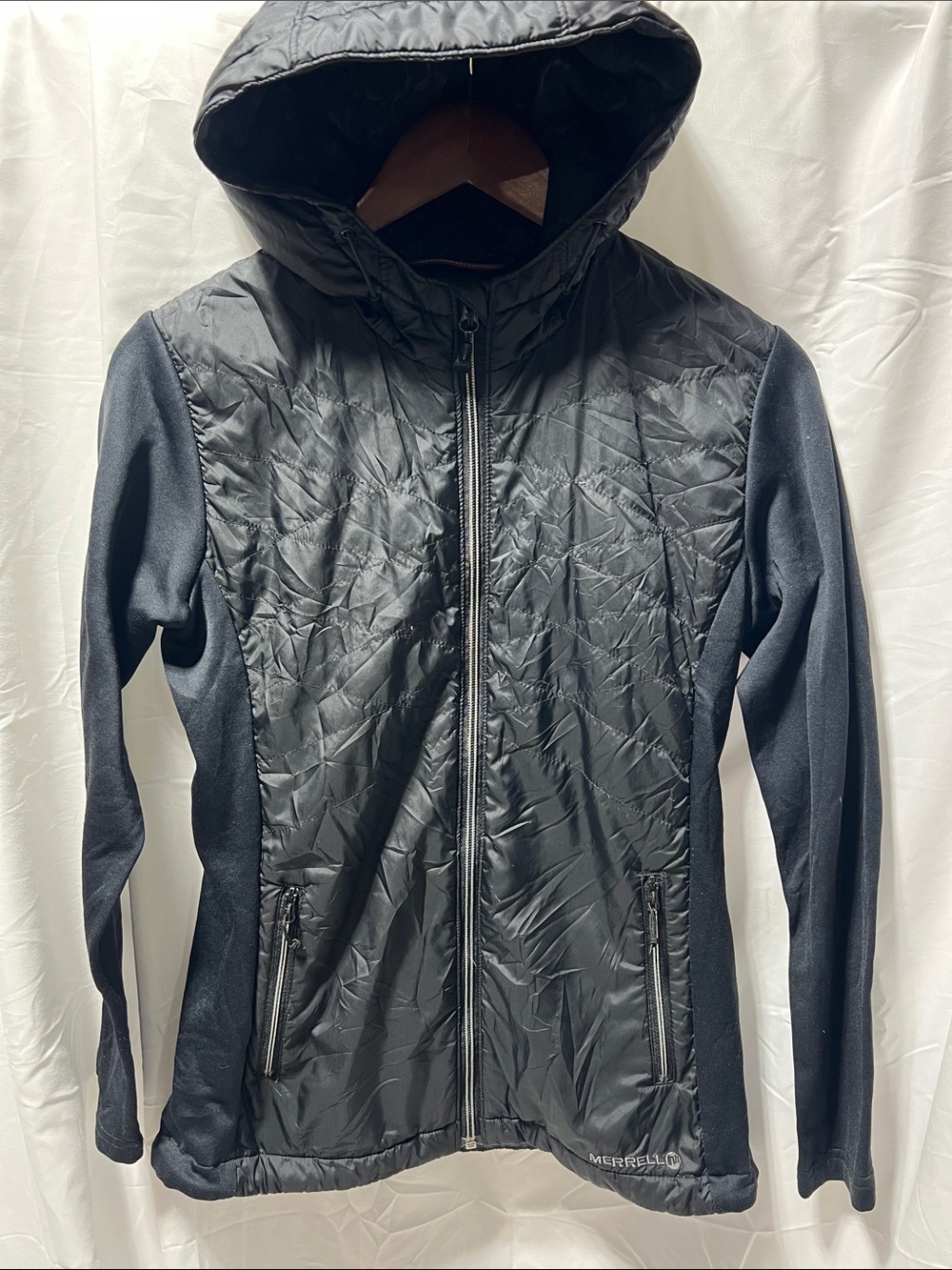 Merrell Black Quilted Hooded Hybrid Jacket